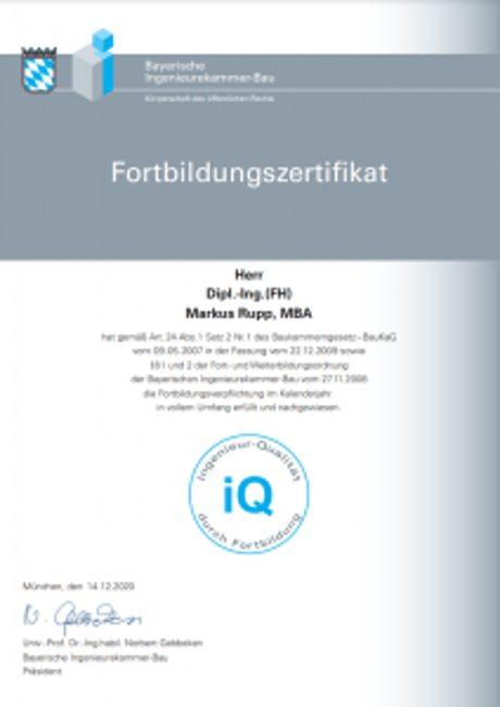 Fortbildungszertifikat der Bayerischen Ingenieurekammer Bau